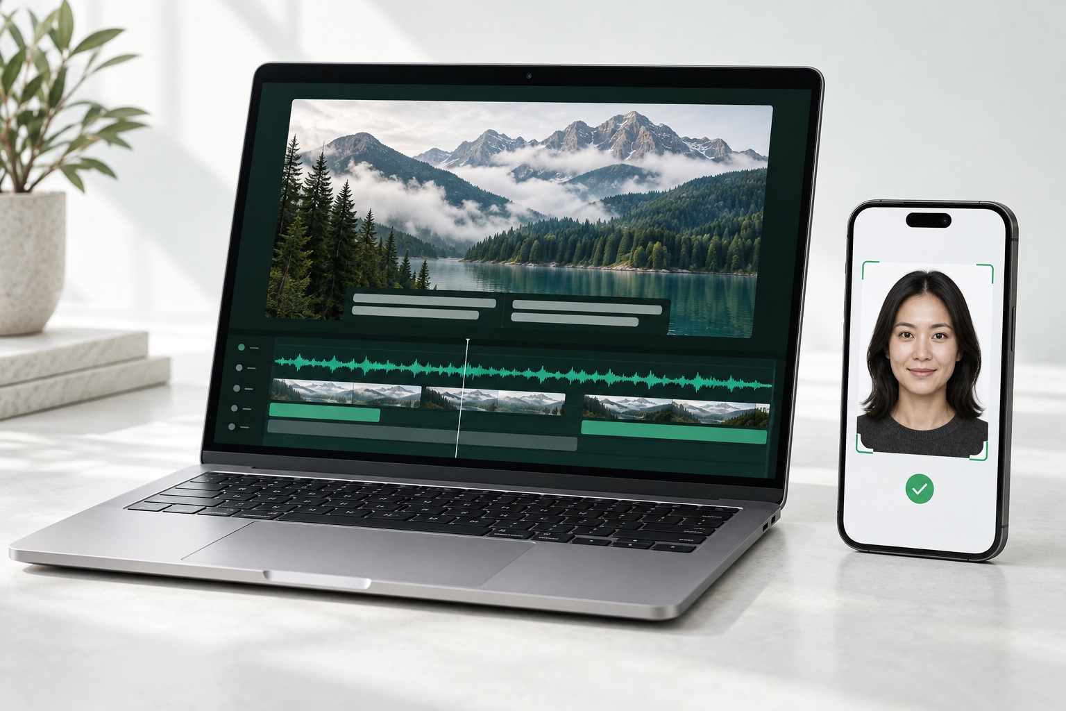 Illustration of private, on-device workflows: subtitle editing on a laptop and passport photo processing on a phone